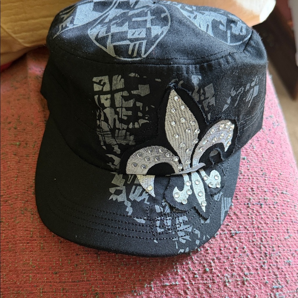 Black Cadet Cap with Silver Fleur-de-Lis and Studs